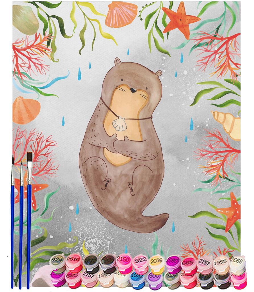 Mr. & Mrs. Panda Malen nach Zahlen Otter Muschel 40 x 50 cm Ohne Rahmen - Grau Pastell - Geschenk, mit, Seeotter, Bild, DIY, Süß, Motivation, Lei...