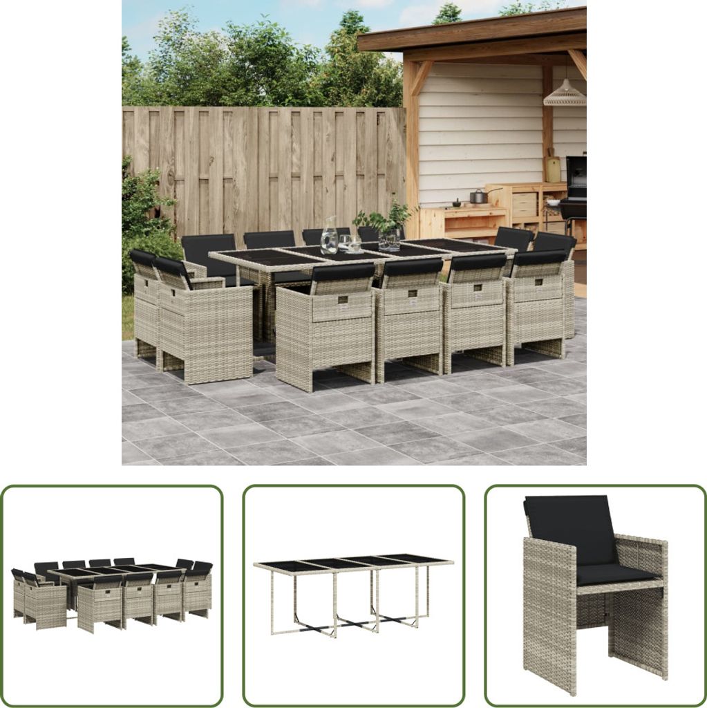 The Living Store 13-tlg. Garten-Essgruppe mit Kissen Hellgrau Poly Rattan