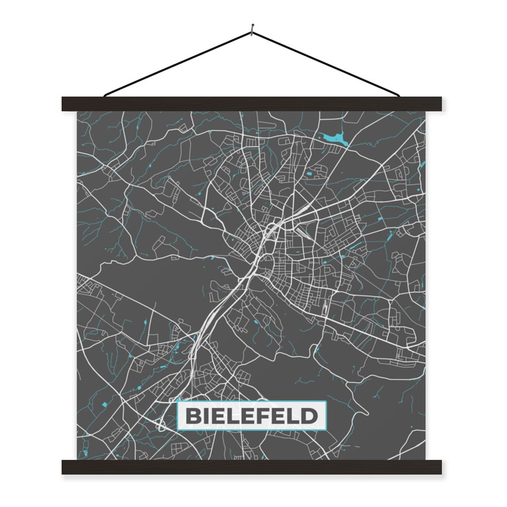 MuchoWow Textilposter Stadtplan - Bielefeld - Deutschland - Karte 40x40 cm mit schwarzem Rahmen - Fotos