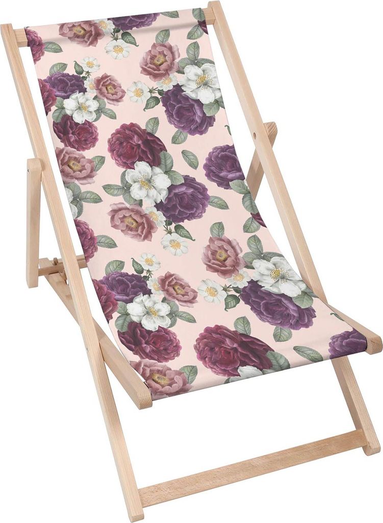 Dreamroots Liegestuhl klappbar Holz Buchenholz bis zu 130 kg, Sonnenliege klappbar mit 3-stufiger Neigungsregulierung der Rückenlehne, Romantic Fl...