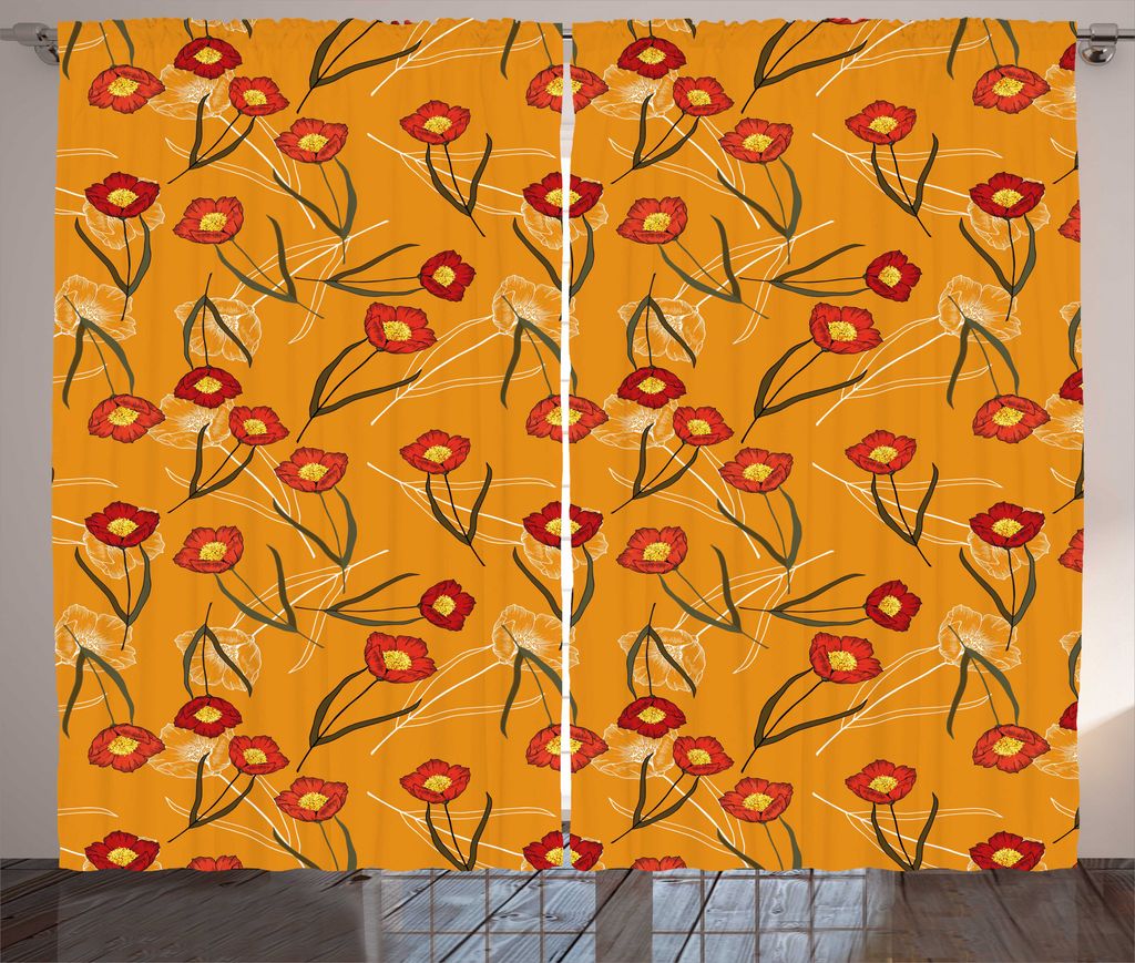 ABAKUHAUS Botanisch Rustikaler Gardine, Pfingstrosen Skizzierung, Schlafzimmer Kräuselband Vorhang mit Schlaufen und Haken, 280 x 225 cm, Orange V...