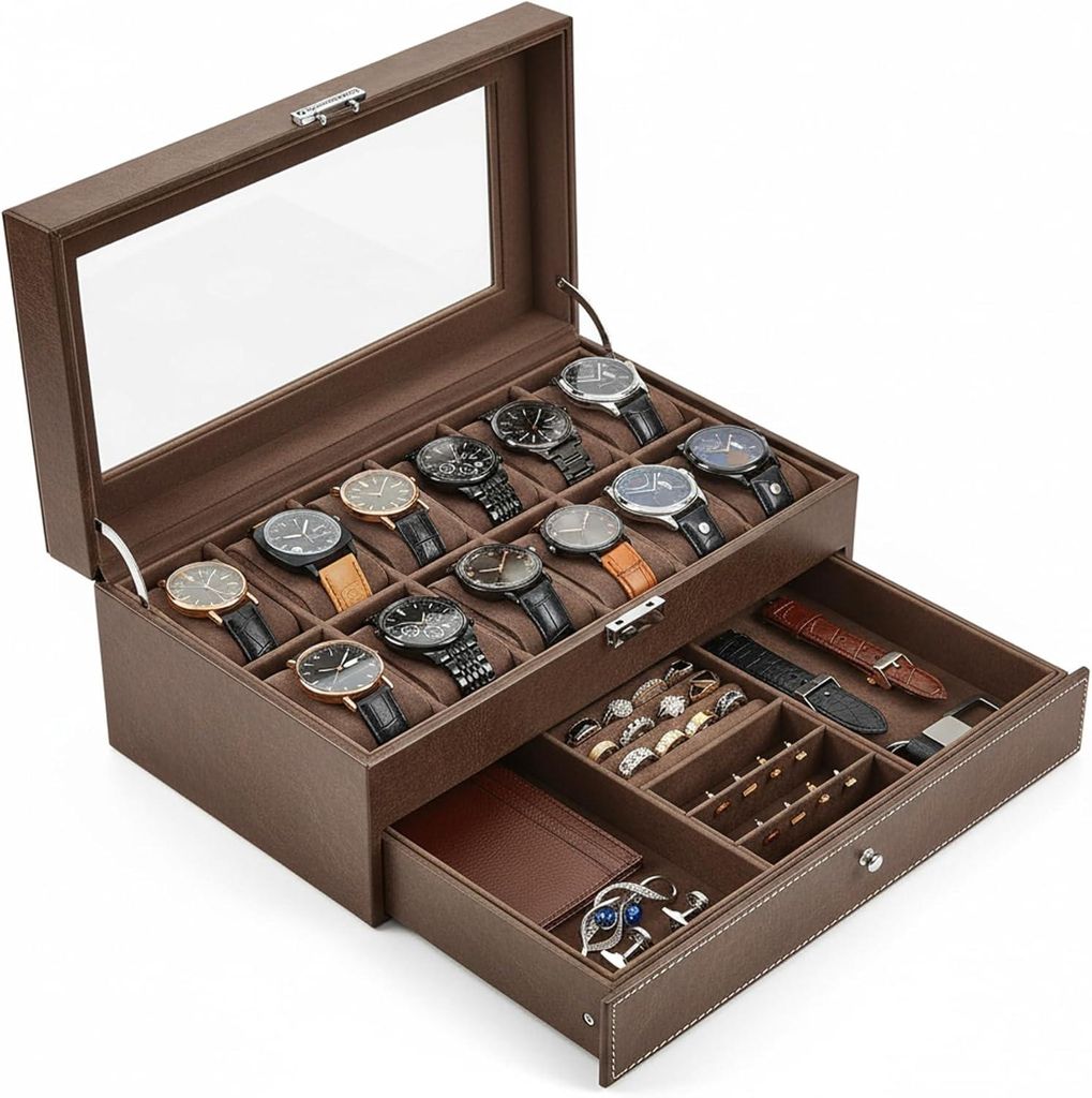 Elegante Uhrenbox für 12 Uhren mit Schublade und klarem Deckel, braun