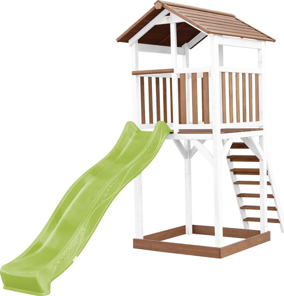 AXI Beach Tower Spielturm aus Holz in Braun & Weiß | Spielhaus für Kinder mit hellgrüner Rutsche und Sandkasten | Stelzenhaus für den Garten