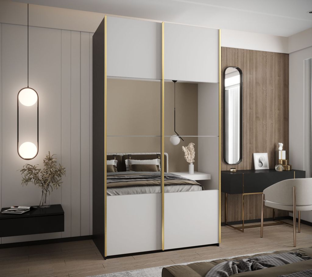Zweitüriger Kleiderschrank SAMARA 4 – 140 cm, schwarz/weiß/gold
