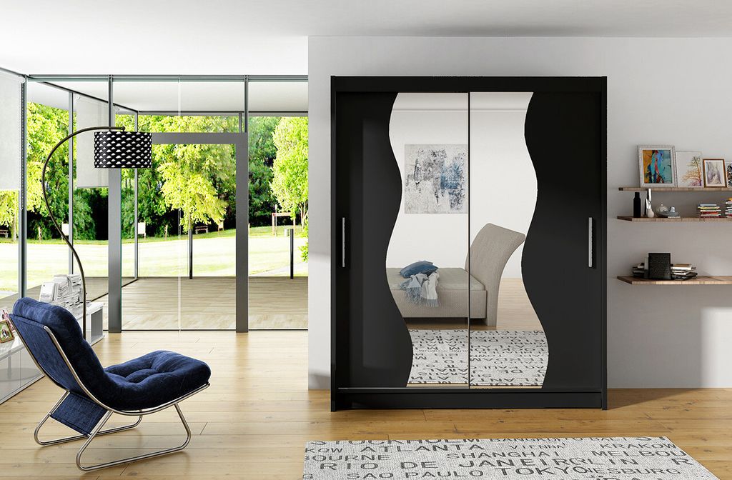Geräumiger Kleiderschrank mit Spiegel Solar – Breite 150 cm, schwarz