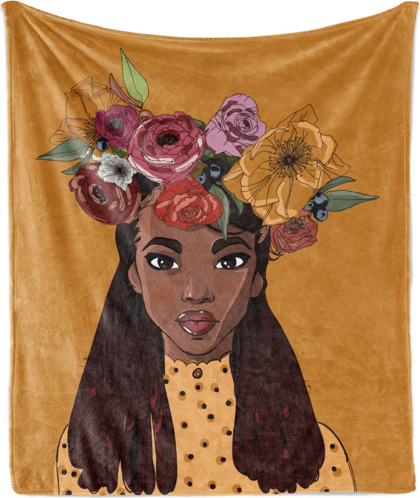 ABAKUHAUS Blumen Weich Flanell Fleece Decke, Entwurf einer junger Afroamerikaner-Frau mit hübschen Blumen auf dem Kopf, 175 x 230 cm, Marigold Meh...