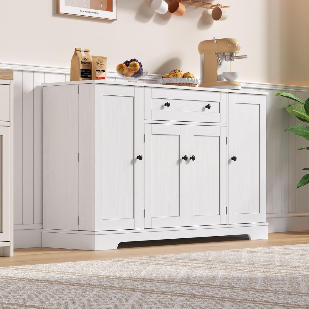 MODFU Kommode Sideboard mit Kippschutz Buffetschrank mit Regaltüren Schublade und verstellbaren Einlegeböden Beistellschrank Weiß