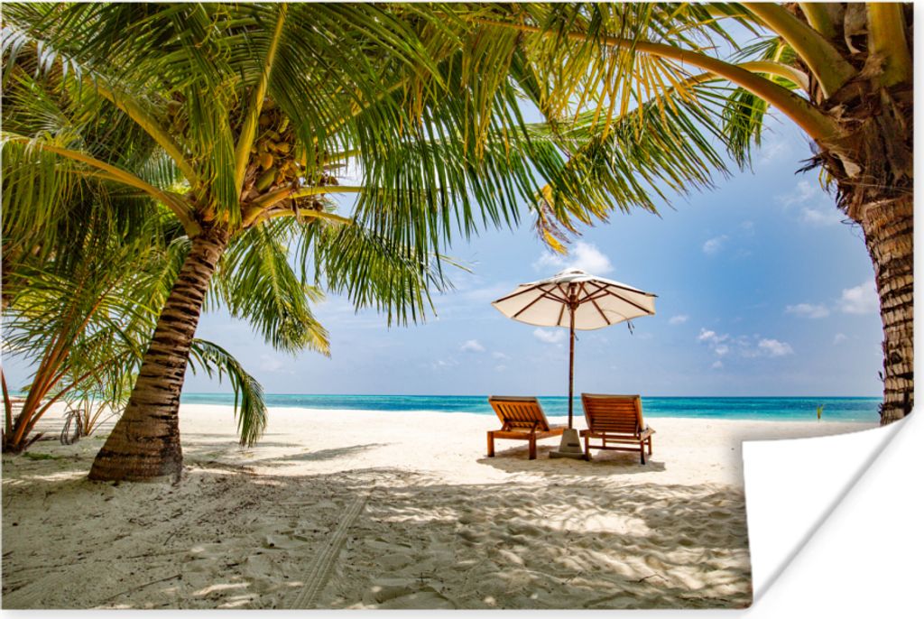 MuchoWow Poster Strandkorb - Sonnenschirm - Palme 180x120 cm - Fotoplakat