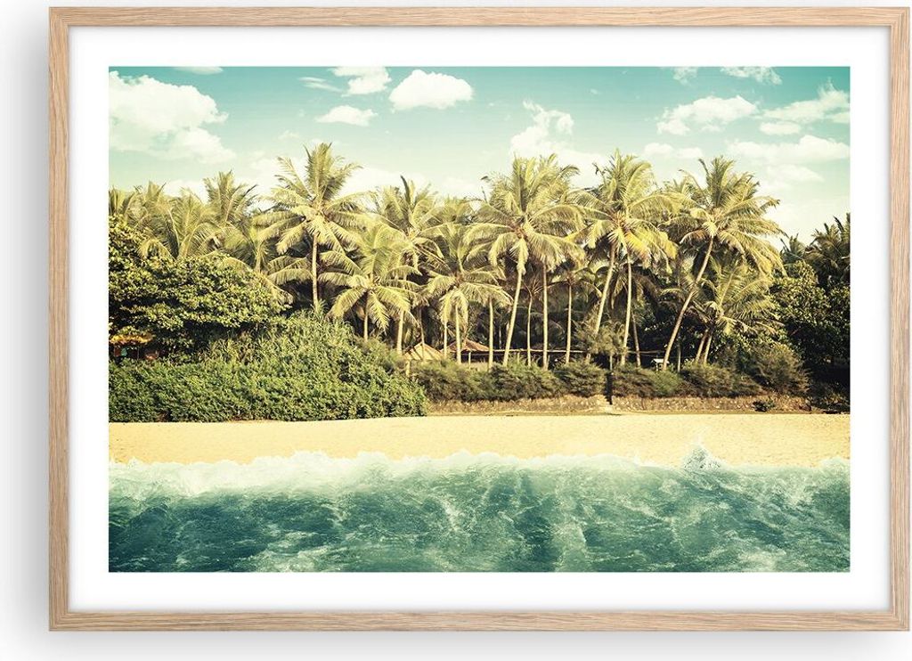 Gerahmtes Poster - Rahmen in heller Eiche - Natur Strand Palmen - 70x50 cm - Wand Bild - Wanddeko - Wandbilder - Kunstposter - Wandposter - Bilderr...