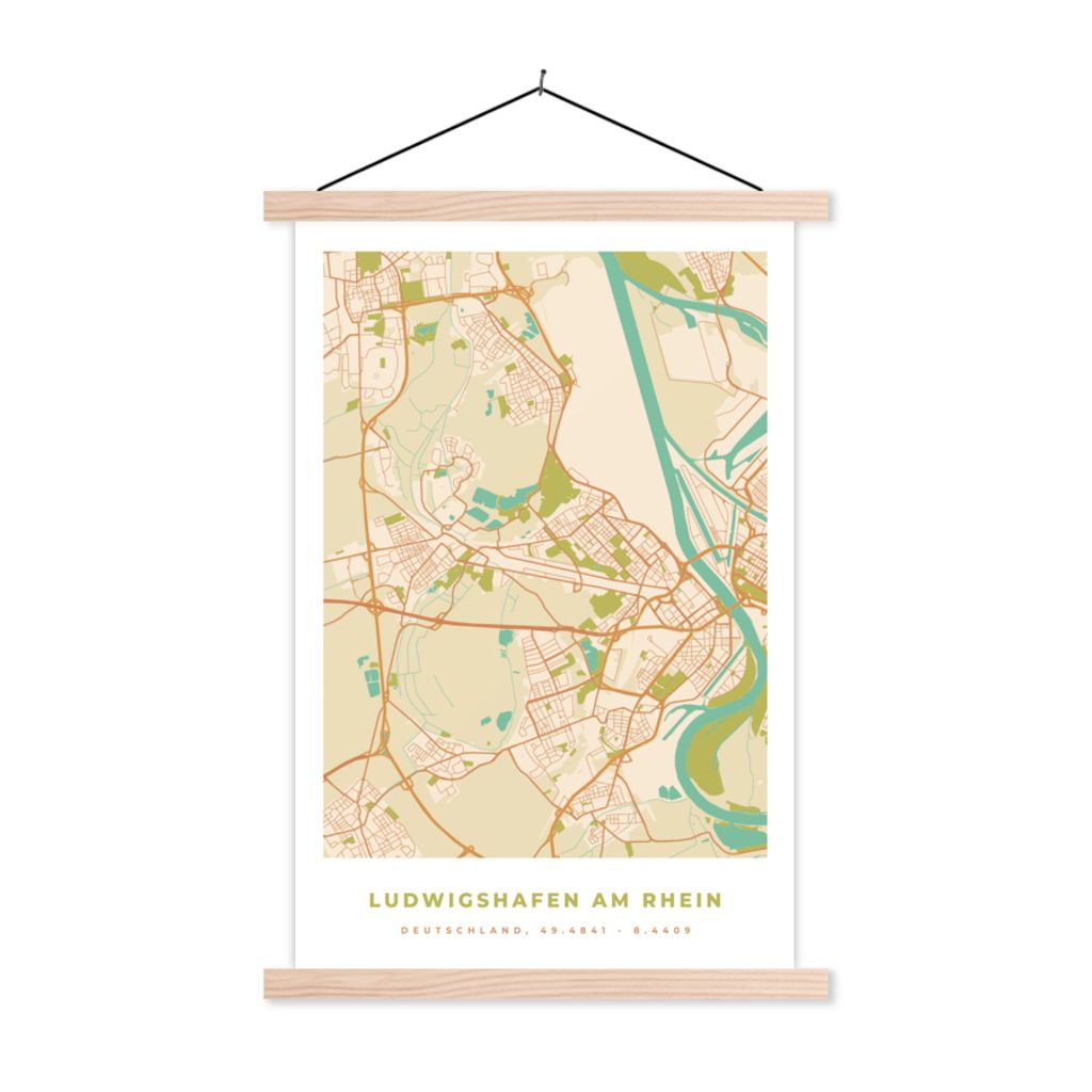 MuchoWow Textilposter Karte - Ludwigshafen am Rhein - Jahrgang - Stadtplan 60x90 cm mit holzfarbenen Rahmen - Textil