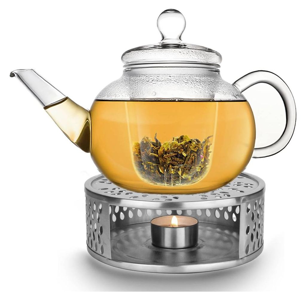 Creano Teekanne aus Glas 1,2l mit Glassieb und silver Stövchen "Leaf"