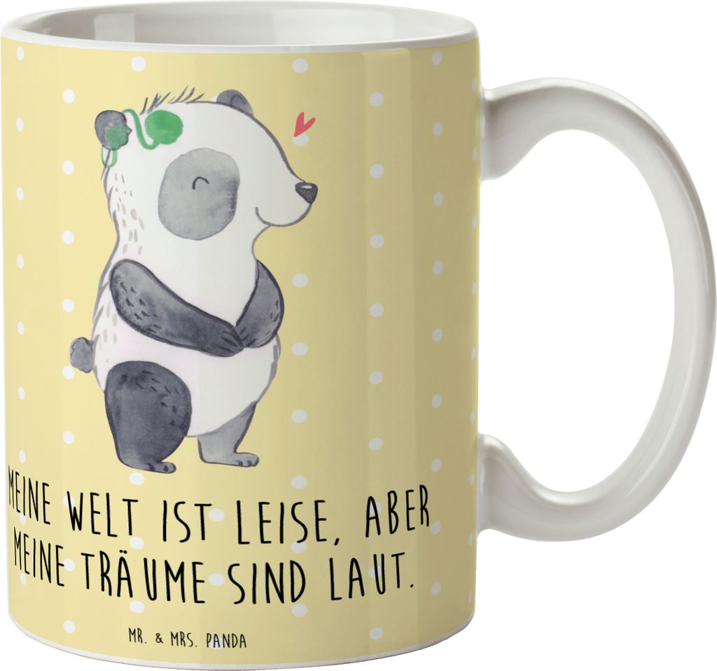 Mr. & Mrs. Panda Kaffeebecher Panda Gehörlos - Gelb Pastell - Geschenk, Cochlea Implantat, Trinkbecher, Becher, Ertaubt, schöne tasse, Kaffeetasse