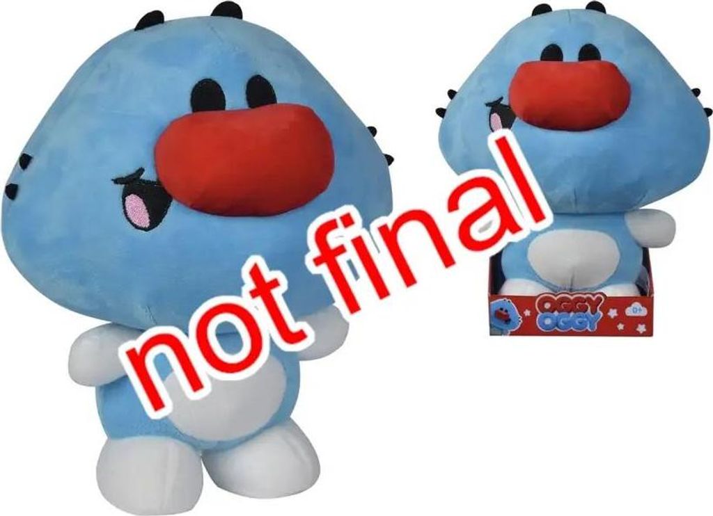 A plush toy of the character Oggy Oggy is shown in two views against a white background. The larger view is in the foreground, and a smaller view in its packaging is in the background. A red overlay with the text 'not final' is present on the larger toy.