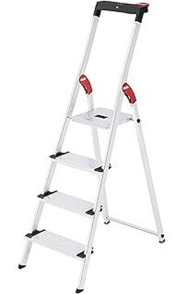 Hailo L75 ComfortLine Alu-Sicherheits-Stehleiter Jubiläumsmodell - 4 XXL-Stufen bis 150 kg - Stehleiter mit Ablagen, Bit-Steckplätzen, Akkuschrau...