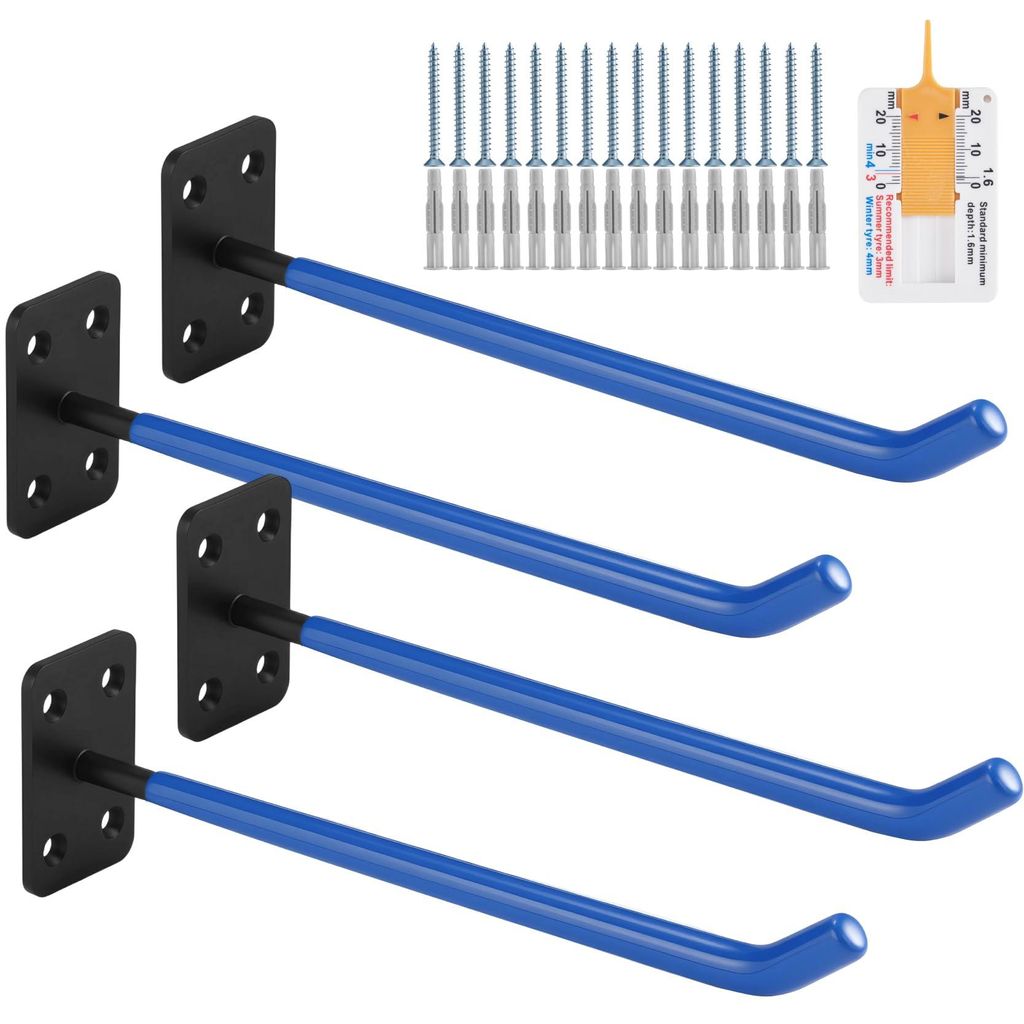 4- Reifenhalter-Wandhalter, wandmontierter Reifenhalter, große Garagenhaken, blauer Autoreifen-Wandhalter, Garagen-Organizer ausgestattet mit Gart...