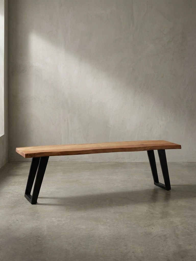 Esszimmerbank 180x40x45,5 cm Akazie Massivholz / Metall mit Baumkante, Esstischbank Modern, Holzbank Massiv ohne Lehne, Küchenbank Essbank mit U-B...