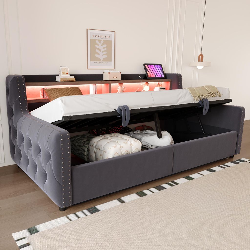 Flieks Schlafsofa Tagesbett 90x200cm mit Stauraum, Polsterbett Jugendbett mit Led, Sofabett Einzelbett mit Ladefunktion, Samt, Dunkelgrau