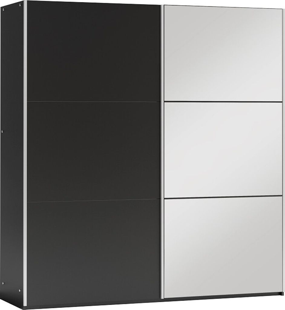 Furniture24 Kleiderschrank VIGO 150 Schwebetürenschrank Schrank mit Schiebetür 2 Kleiderstangen 4 Einlegeboden Schwarz mit Spiegel , 151 cm breit