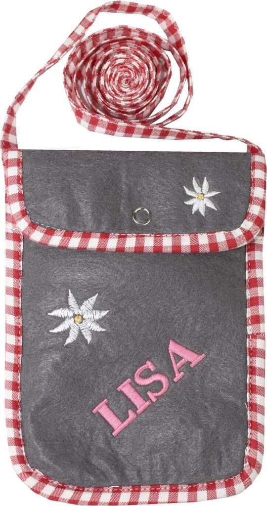 Trendige Filz Trachtentasche Handytasche für Groß und Klein - mit Wunschstickerei, Farbe:Anthrazit/Rot
