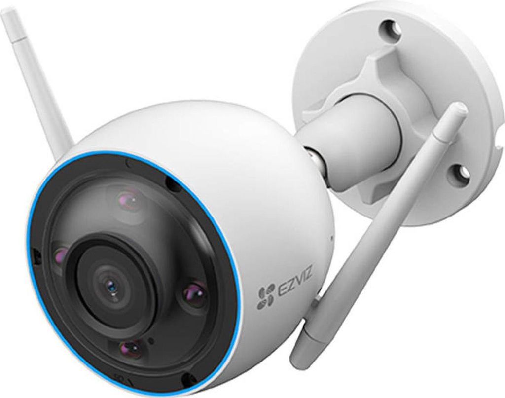 A white outdoor security camera with two antennas is mounted on a white bracket against a white background.