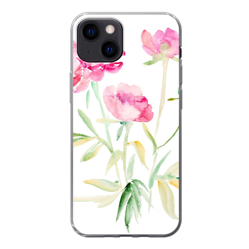 MuchoWow Handyhülle Schutzhülle Hülle für iPhone 13 mini Blumen - Aquarell - Rosa Silikon Softcase Handy Hülle - Softcase