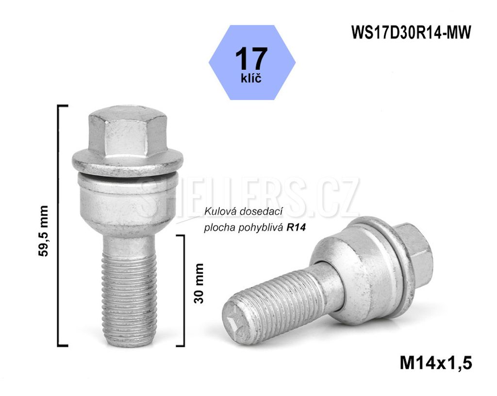 Skrutka kolesa M14x1,5x30 guľa R14 pohyblivá, kľúč 17, Obrázok produktu 
