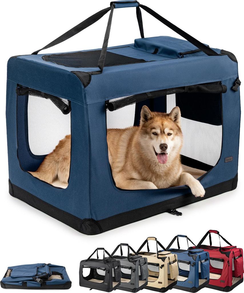 lionto Hundetransportbox faltbar, stabile Stoffbox mit Mesh-Einsätzen, ideal für Auto, Reise & Tierarzt, 101x69x70 cm, dunkelblau