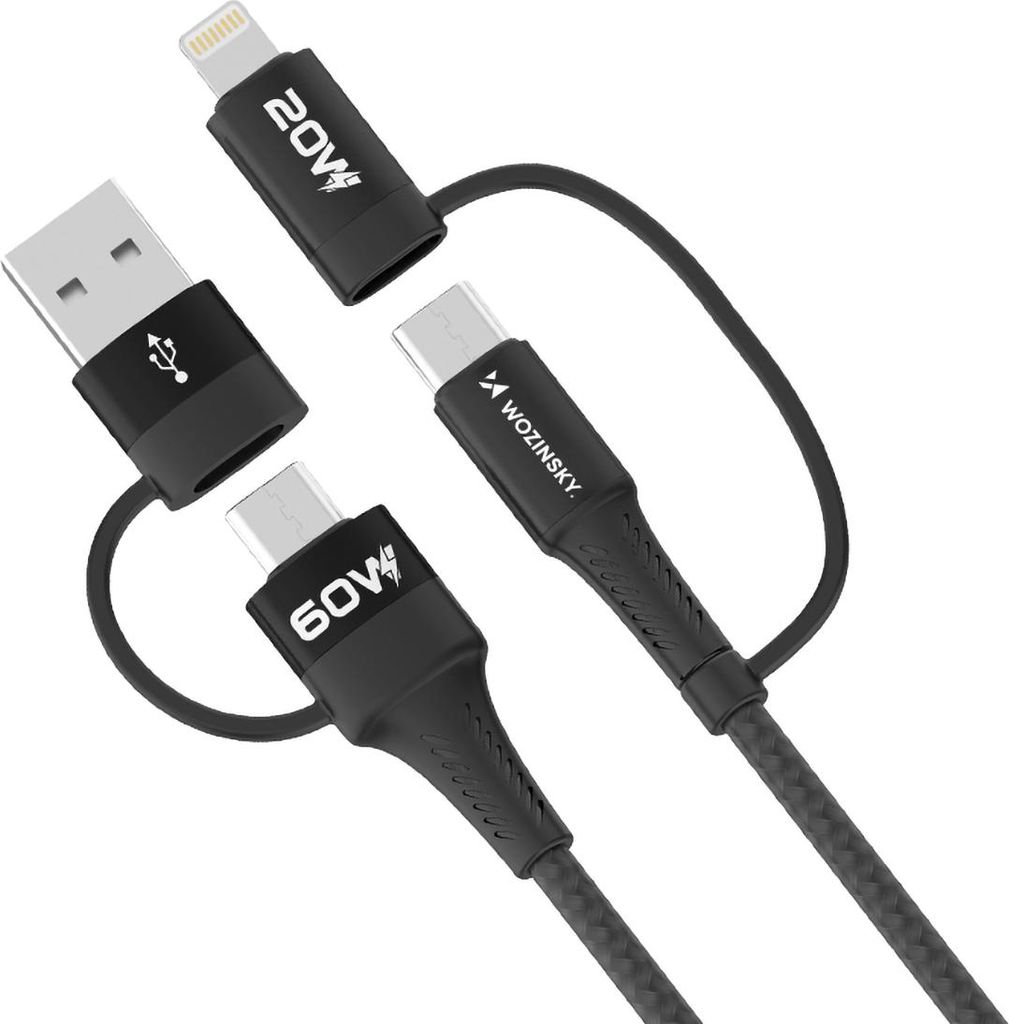 Wozinsky 4-in-1 Kabel, 2x USB-C, USB-A, Lightning, 60W, 1m, Schwarz - Hochleistungs-Ladekabel fr multifunktionale Nutzung