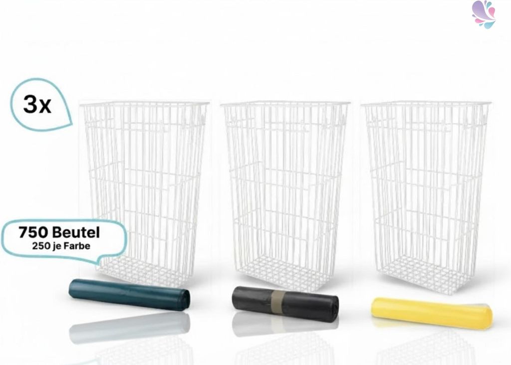 SET Mülltrennsystem 3 x Gitterkorb 60 Liter zum Hängen und Stellen + ins. 750 Müllsäcke in grau, blau & gelb