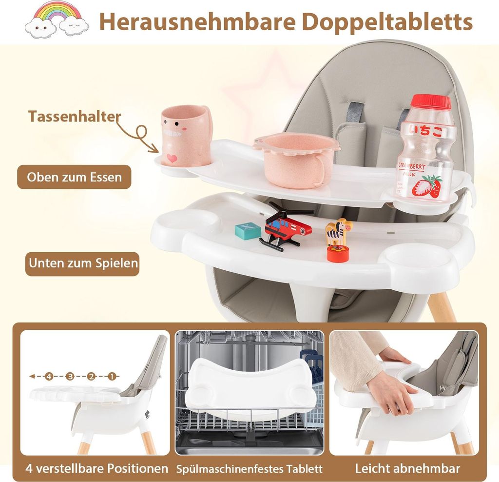 COSTWAY Seggiolone Pappa 6-in-1 In Legno Per Bambini (6-36 Mesi) - Grigio, Con Vassoio Regolabile, Cintura 5 Punti, Poggiapiedi - 57x50x85 Cm