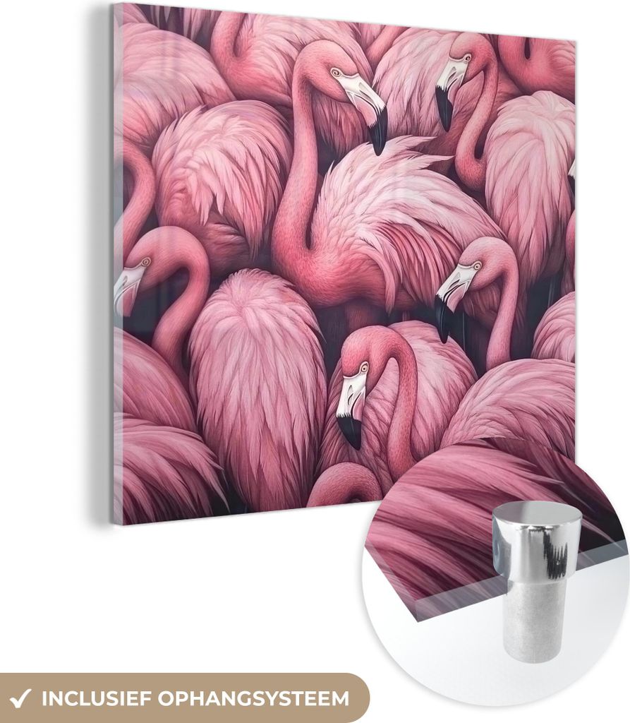 MuchoWow Glasbilder - Bilder auf Wandbild - Foto auf Glas Flamingo - Rosa - Tiere 40x40 cm Wanddekoration aus Glas - Acrylglasbild - Acrylbilder