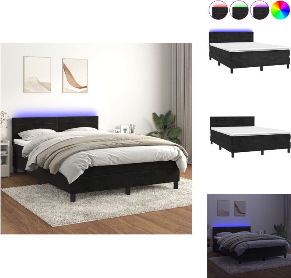 vidaXL Boxspringbett mit Matratze & LED Schwarz 140x200 cm Samt - Betten & Bettgestelle