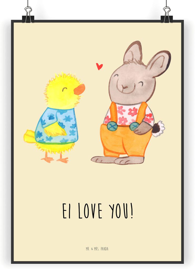 Mr. & Mrs. Panda Bild Ostern Freundschaft DIN A3 - Blumig - Geschenk, Ostereier, Küken, Wandbild, Ostergrüße, Kunstdruck, Frühling, Liebe, druc...