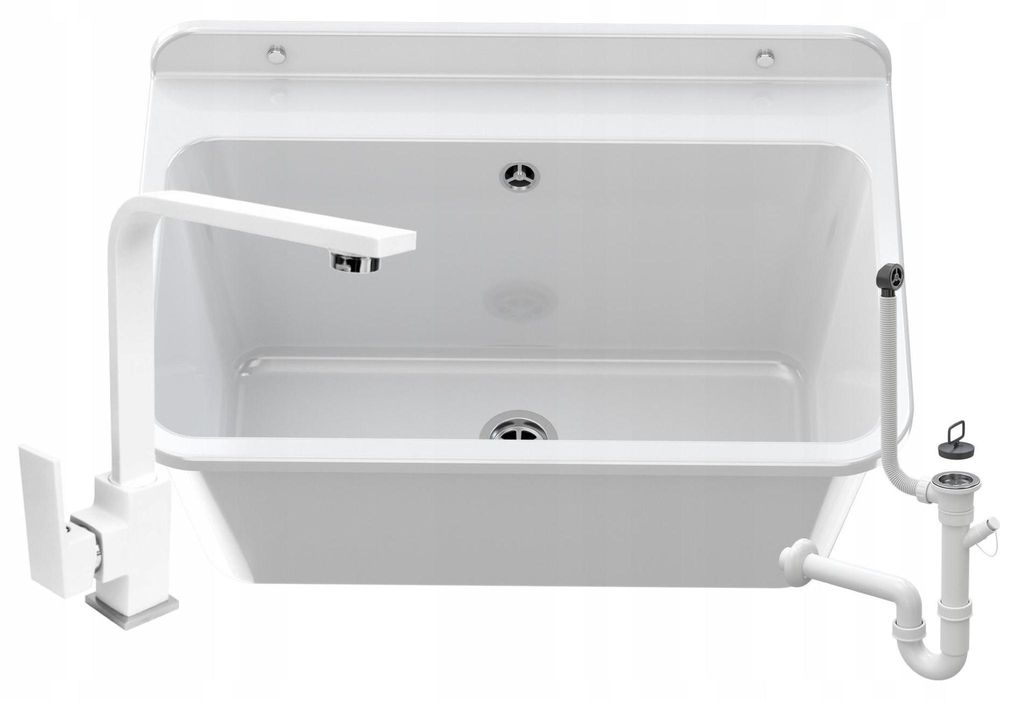 Granitan | Wirtschaftsspüle - LARGE - mit Armatur - mit Siphon - Weiß - 61 x 41 cm - für Waschküche und Garage