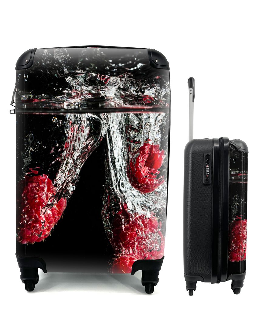 MuchoWow Koffer Handgepäck Trolley Rollkoffer Kleine Reisekoffer mit 4 Rollen - Himbeeren - Obst - Stilleben - Wasser - Schwarz - Rot - Cabin Si...