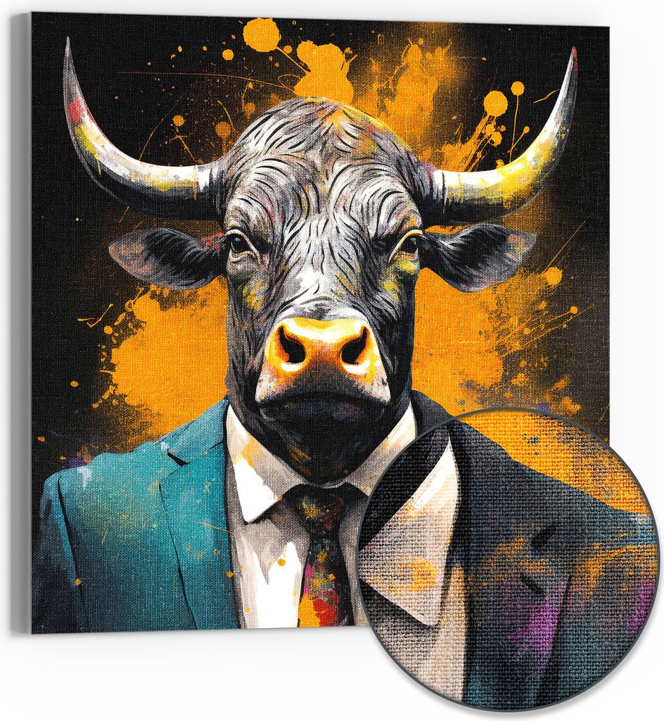 DEQOART Hybrid Leinwand Bild 30x30 cm 'Stier im Anzug' Wandbild Glas flach modern