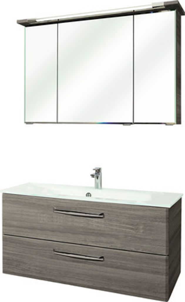 Badmöbel-Set Pelipal Kumba BxHxT 110 x 200 x 50 cm Frontfarbe graphit struktur quer mit Glas-Waschtisch weiß 99.10703251