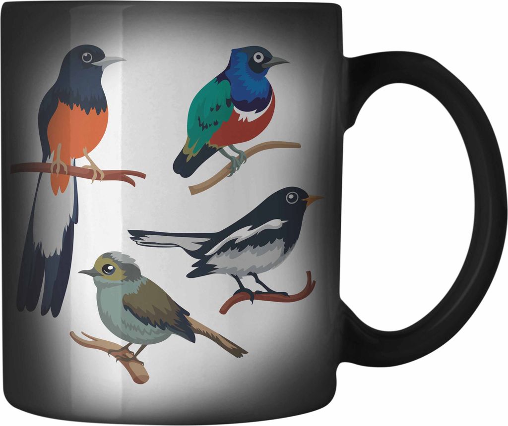 Trendation - Arten von Vögeln Vogel Farbwechsel Zauber-Tasse Geschenk Grafik Geschenkdiee für Vogel-Liebhaber (Schwarz)