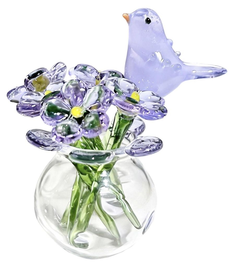 Niedliche Mini-Figur aus mundgeblasenem Glas mit künstlicher Kristallblume, Sammlerstück, kleine Blumenvase mit Biene/Vogel als TischNachbildunga...