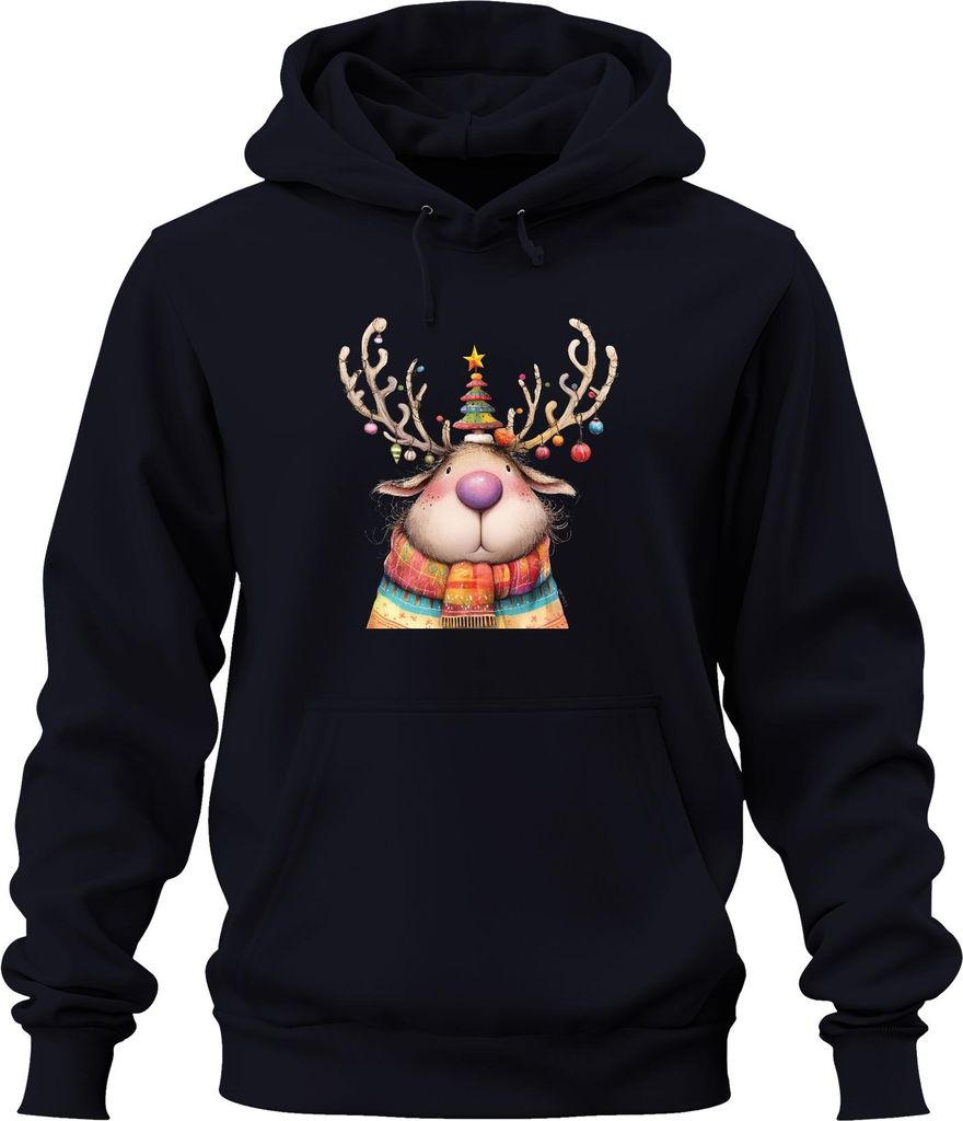 Niedliches Weihnachtsrentier rosa Nase bunter Schal Geschenk Uni Hoodie Kapuzenpullover, Navy, 3XL