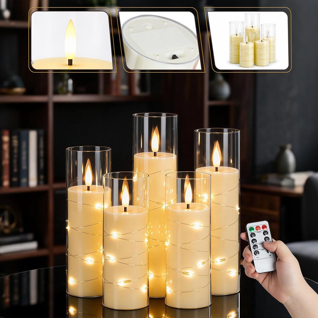Set di 5 candele LED Ikodm, complete di catena luminosa e Immagine del prodotto 