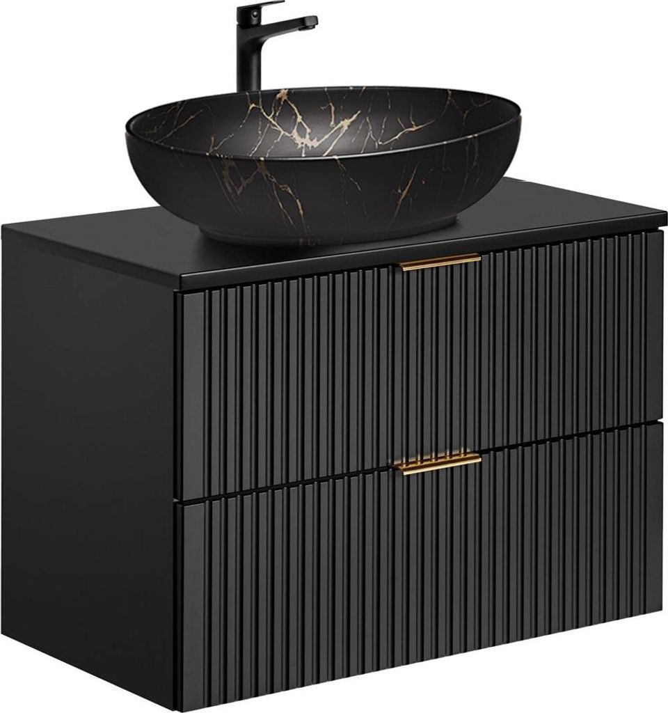 Badezimmer Waschtisch mit 80 cm Breite in schwarz, 2 Schubladen & goldmarmoriertes Waschbecken - ADELAIDE-56-BLACK
