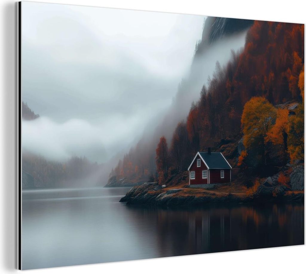 MuchoWow Wanddekoration Metall Metallbild Wandkunst 60x40 cm Haus - Rot - Berge - Wasser MuchoWow Aluminium Gemälde - Gemälder