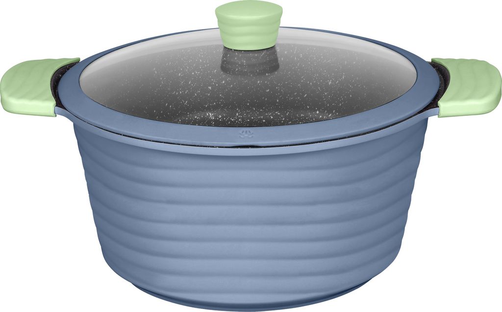 A blue pot with a glass lid and green handles is shown against a white background.