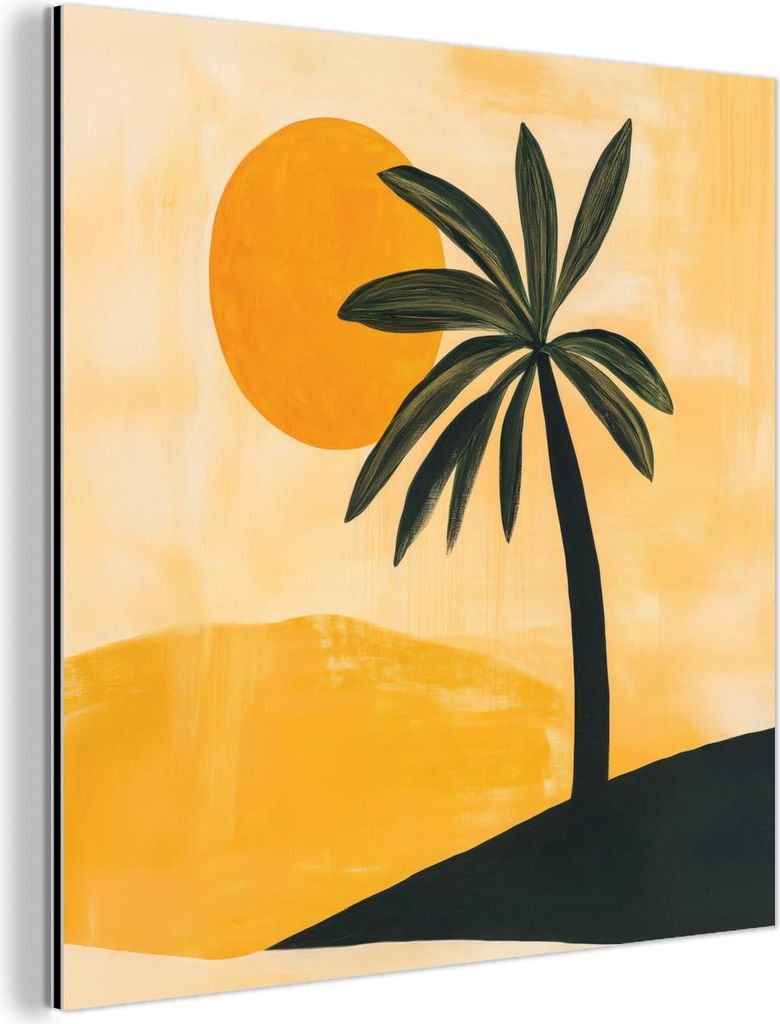 MuchoWow Wanddekoration Metall Metallbild Wandkunst 20x20 cm Illustration - Palme - Sonne - Hügel MuchoWow Aluminium Gemälde - Alu Dibond Bilder