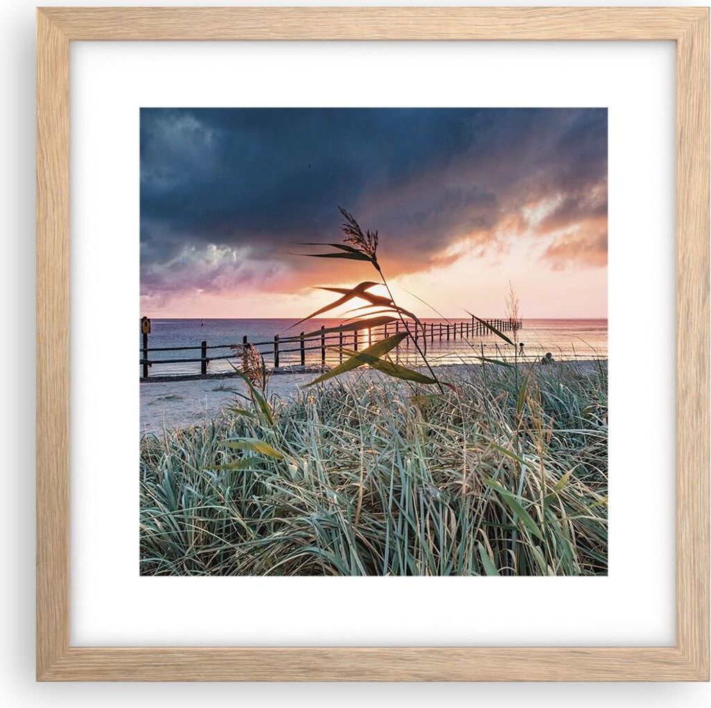 Gerahmtes Poster - Rahmen in heller Eiche - Strand Gras Horizont - 30x30 cm - Wand Bild - Wanddeko - Wandbilder - Kunstposter - Wandposter - Bilder...