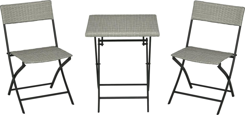3-tlg. Gartensitzgruppe, 2 Klappstühle, 1 Klapptisch, Rattanoptik, Metallrahmen, hellgrau