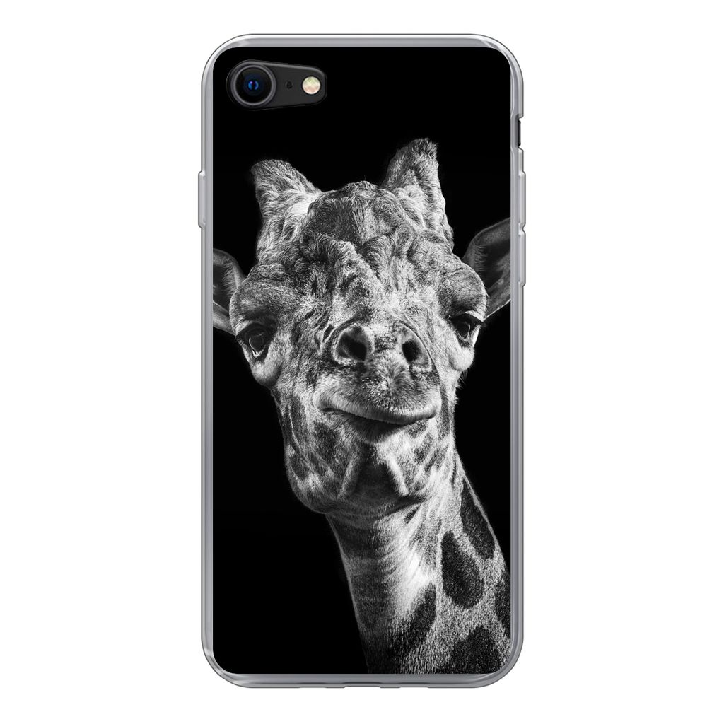 MuchoWow Handyhülle Schutzhülle Hülle für iPhone 8 Giraffe vor schwarzem Hintergrund in schwarz und weiß Silikon Softcase Handy Hülle - Sch...