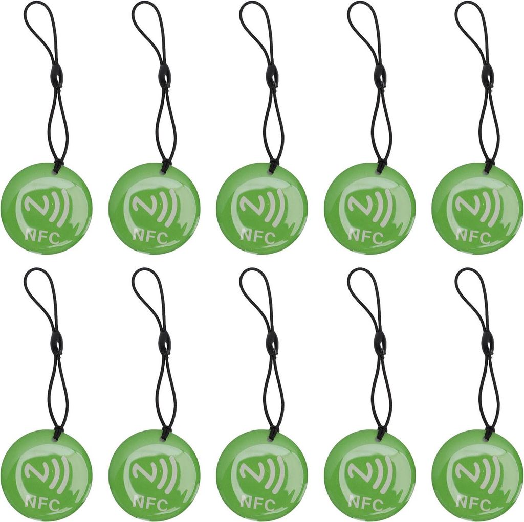 10 sztuk breloków NFC, kolor zielony, chip NTAG213, 35 cm, Zdjęcie produktu 