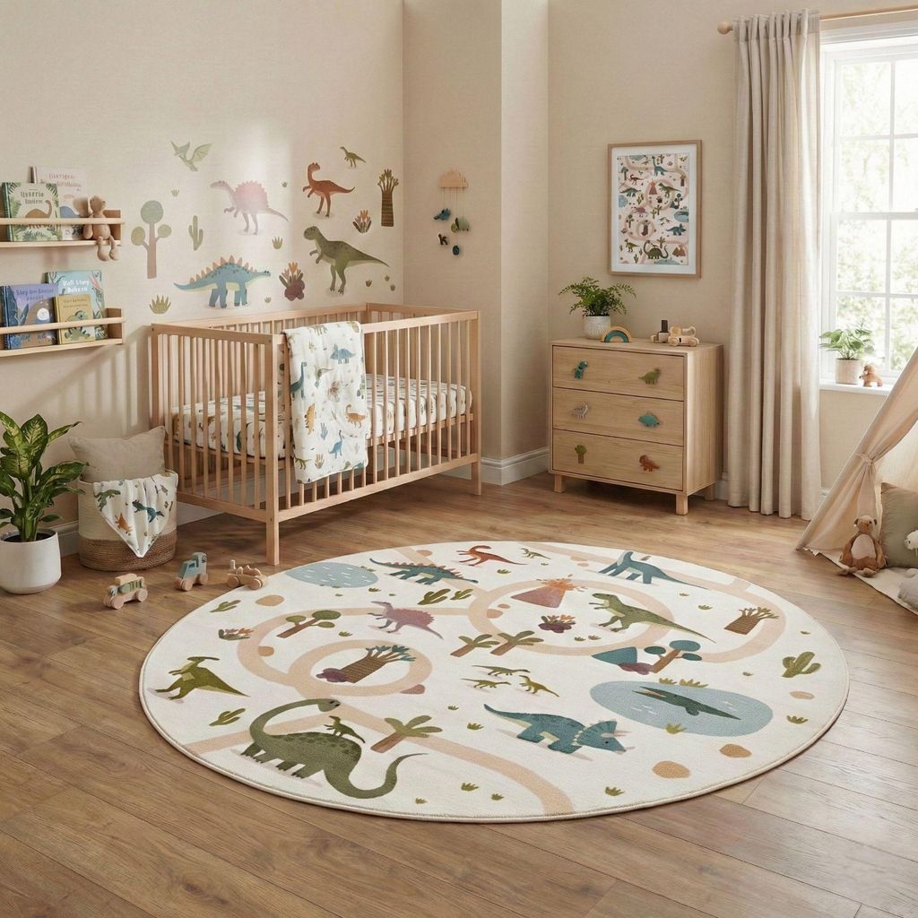 Carpetsale24 Kinderteppich Dinosaurier Spielteppich rund 200 cm für Kinderzimmer in Creme Dino Motiv ideal für große Spielflächen